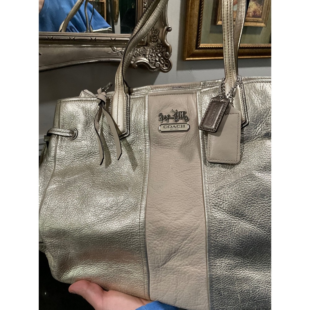Coach Madison Metallic Gold Pebbled Leather Tote Bag Silver Hardware